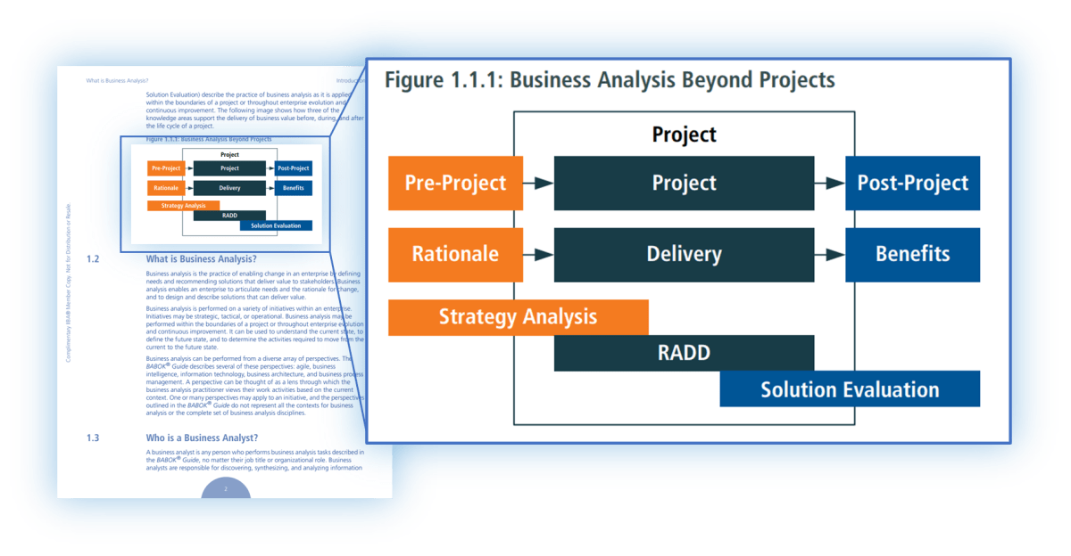 Figure 1.1.1 on page 2 of the BABOK v3 lays out the basic framework of the role of the BA in business transformation initiatives.